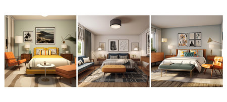 clean mid century modern guest room interior design ai generated. lines materials, neutral colors, comfortable inviting clean mid century modern guest room interior design illustrationの素材