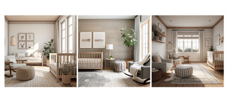 decor modern farmhouse nursery interior design ai generated. rustic contemporary, neutral colors, materials baby-friendly decor modern farmhouse nursery interior design illustrationの素材