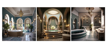 decor moroccan bathroom interior design ai generated. exotic vibrant, colors intricate, mosaic tiles decor moroccan bathroom interior design illustrationの素材