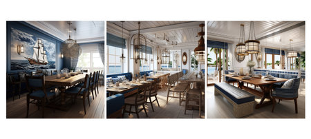 maritime nautical dining room interior design ai generated. blue and white natural textures accents maritime nautical dining room interior design illustrationの素材