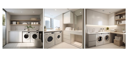 apartment minimalist laundry room interior design ai generated. modern floor, furniture contemporary, background wood apartment minimalist laundry room interior design illustrationの素材