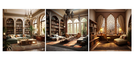 exotic moroccan study room interior design ai generated. vibrant colors, intricate functional, furniture organized exotic moroccan study room interior design illustrationの素材