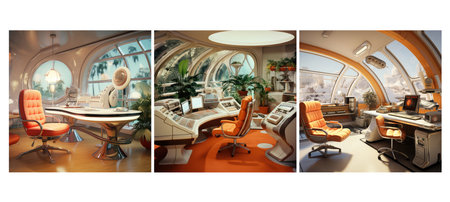 elements retro futurism home office interior design ai generated. bold sleek, lines metallic, accents innovative elements retro futurism home office interior design illustrationの素材