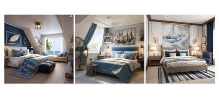 blue nautical guest room interior design ai generated. and white, natural textures, motifs coastal blue nautical guest room interior design illustrationの素材