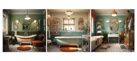 home retro vintage bathroom interior design ai generated. table decor, modern mockup, wooden background home retro vintage bathroom interior design illustrationの素材