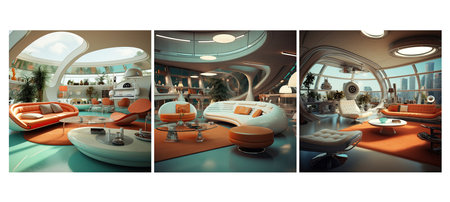 futuristic retro futurism living room interior design ai generated. elements bold, sleek lines, metallic accents futuristic retro futurism living room interior design illustrationの素材