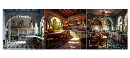 exotic moroccan kitchen interior design ai generated. vibrant colors, intricate decorative, tiles rich exotic moroccan kitchen interior design illustrationの素材