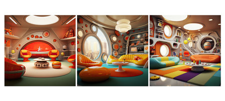 decor retro futurism playroom interior design ai generated. futuristic elements, bold colors, layout imaginative decor retro futurism playroom interior design illustrationの素材