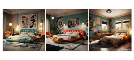 chair retro vintage bedroom interior design ai generated. wall frame, home table, decor modern chair retro vintage bedroom interior design illustrationの素材