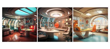 futuristic retro futurism study room interior design ai generated. elements bold, colors furniture, innovative creative futuristic retro futurism study room interior design illustrationの素材
