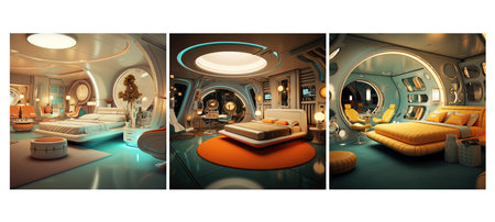futuristic retro futurism guest room interior design ai generated. elements bold, sleek lines, metallic accents futuristic retro futurism guest room interior design illustrationの素材
