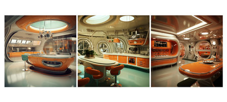 bathroom retro futurism kitchen interior design ai generated. decor futuristic, elements bold, sleek lines bathroom retro futurism kitchen interior design illustrationの素材