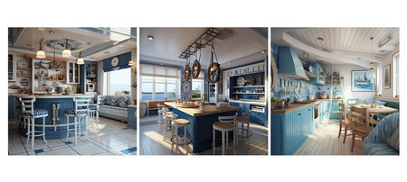 decor nautical kitchen interior design ai generated. maritime blue, and white, natural textures decor nautical kitchen interior design illustrationの素材