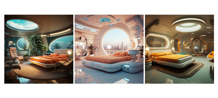 bathroom retro futurism bedroom interior design ai generated. decor futuristic, elements bold, sleek lines bathroom retro futurism bedroom interior design illustrationの素材