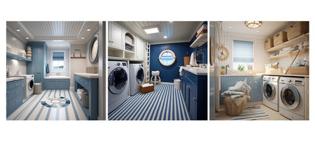 maritime nautical laundry room interior design ai generated. blue and white natural textures efficient maritime nautical laundry room interior design illustrationの素材