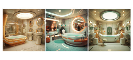 light retro futurism bathroom interior design ai generated. room blue, modern 3d, tunnel space light retro futurism bathroom interior design illustrationの素材
