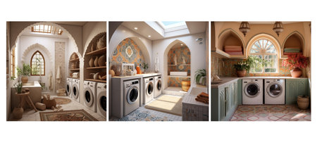 exotic moroccan laundry room interior design ai generated. vibrant colors, patterns decorative, lighting rich exotic moroccan laundry room interior design illustrationの素材