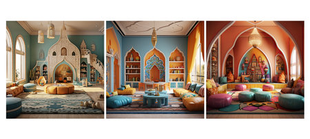 decor moroccan playroom interior design ai generated. exotic vibrant colors intricate functional layout decor moroccan playroom interior design illustrationの素材