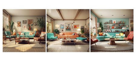frame retro vintage living room interior design ai generated. home table, decor modern, mockup wooden frame retro vintage living room interior design illustrationの素材
