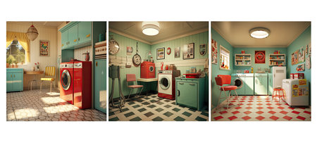 wall retro vintage laundry room interior design ai generated. frame home, table decor, modern mockup wall retro vintage laundry room interior design illustrationの素材