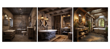 wood rustic bathroom interior design ai generated. accents colors, vintage fixtures, cozy warm wood rustic bathroom interior design illustrationの素材