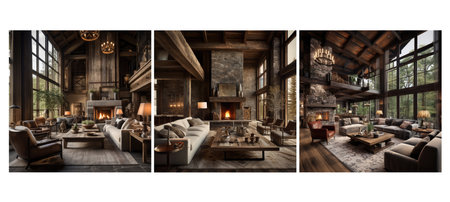 materials rustic living room interior design ai generated. wood accents, colors cozy, textiles fireplace materials rustic living room interior design illustrationの素材
