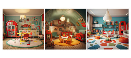 chair retro vintage playroom interior design ai generated. wall frame, home table, decor modern chair retro vintage playroom interior design illustrationの素材