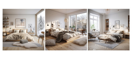 decor scandinavian bedroom interior design ai generated. minimalist neutral, colors clean, cozy textiles decor scandinavian bedroom interior design illustrationの素材