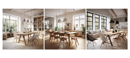 minimalist scandinavian dining room interior design ai generated. neutral colors, clean functional, furniture open minimalist scandinavian dining room interior design illustrationの素材