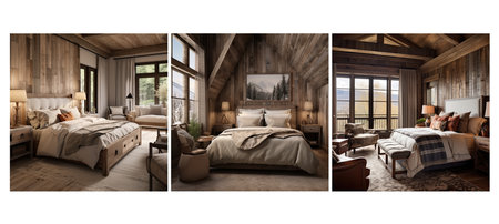 materials rustic guest room interior design ai generated. wood accents, colors cozy, textiles welcoming materials rustic guest room interior design illustrationの素材