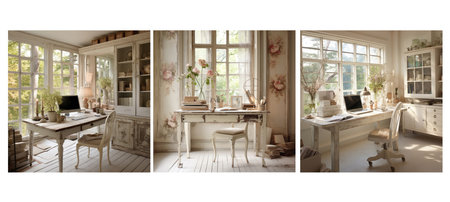vintage shabby chic home office interior design ai generated. elements colors, distressed finishes, floral patterns vintage shabby chic home office interior design illustrationの素材