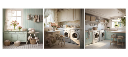 vintage shabby chic laundry room interior design ai generated. elements pastel, colors layout, distressed finishes vintage shabby chic laundry room interior design illustrationの素材