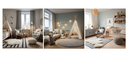 neutral scandinavian nursery interior design ai generated. colors lines, functional layout, natural light neutral scandinavian nursery interior design illustrationの素材