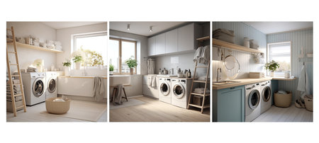 decor scandinavian laundry room interior design ai generated. minimalist neutral, colors lines, functional layout decor scandinavian laundry room interior design illustrationの素材