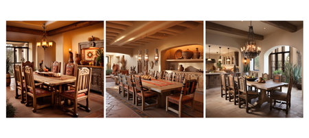 desert-inspired southwestern dining room interior design ai generated. warm colors, natural rustic, accents inviting desert-inspired southwestern dining room interior design illustrationの素材