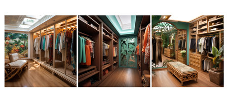 decor tropical walk in closet interior design ai generated. exotic elements, colors efficient, storage patterns decor tropical walk in closet interior design illustrationの素材