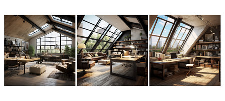 background urban loft study room interior design ai generated. floor modern, home minimal, contemporary space background urban loft study room interior design illustrationの素材