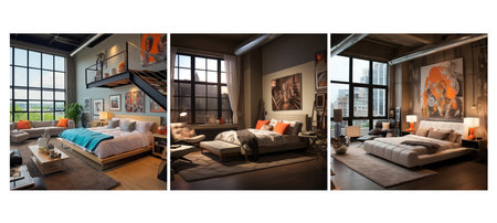 floor urban loft guest room interior design ai generated. modern home, minimal contemporary, space furniture floor urban loft guest room interior design illustrationの素材