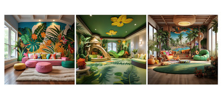 decor tropical playroom interior design ai generated. exotic elements, vibrant colors, textures patterns decor tropical playroom interior design illustrationの素材