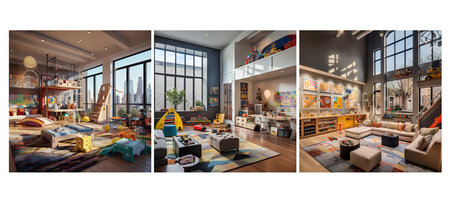 room urban loft playroom interior design ai generated. wall background, floor modern, style minimal room urban loft playroom interior design illustrationの素材