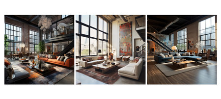 floor urban loft living room interior design ai generated. modern home, minimal contemporary, space furniture floor urban loft living room interior design illustrationの素材