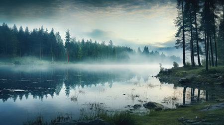 nature misty woodland lakeの素材