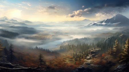 forest valley wood fog landscapeの素材