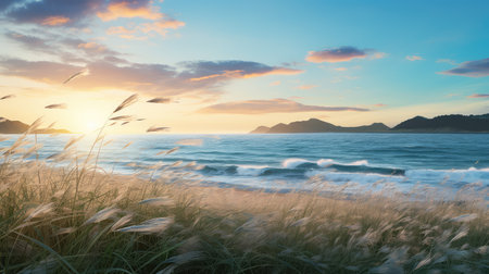 sea blue morning grass landscapeの素材