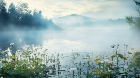 lake reflection plant fog landscapeの素材