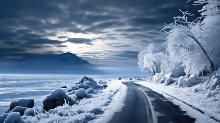 nature winter road ocean landscapeの素材