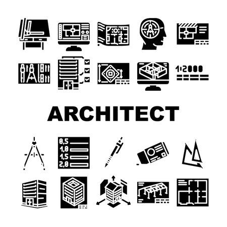 architectural drafter drawing icons set vectorのイラスト素材