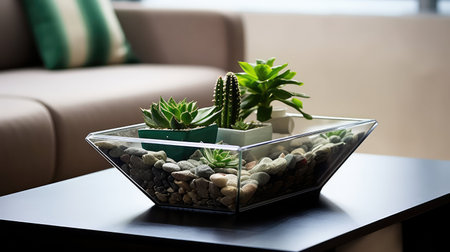 geometric table with plantの素材