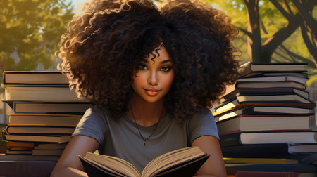 hair black woman with booksの素材