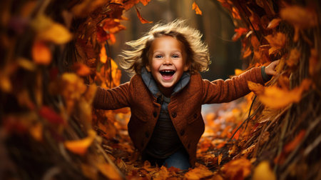autumn child playing in leavesの素材